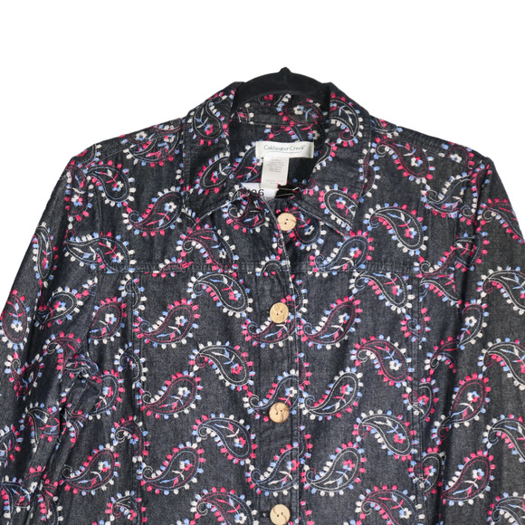 Coldwater Creek Denim Blazer Women Large Dark Gray Embroidered Boho Artsy Jacket - Picture 2 of 9
